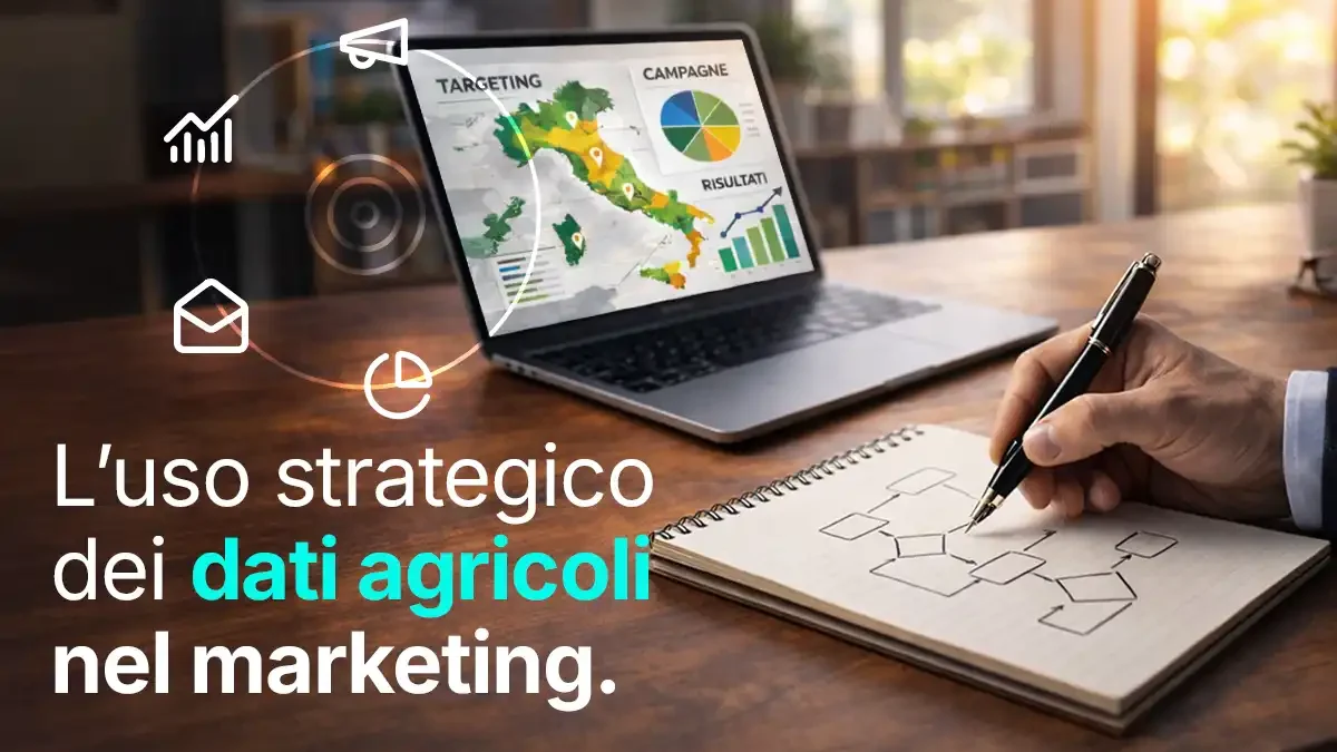L'uso strategico dei dati agricoli nel marketing. Come usare i dati agricoli per migliorare targeting, DEM e campagne di marketing. Persona in ufficio che guarda il computer, analizza i dati per targeting, campagne e risultati e prende appunti.