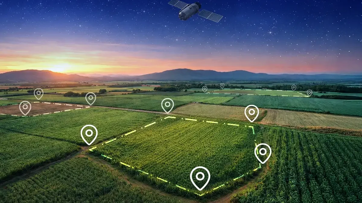 Piano Colturale Grafico e QdC® - Quaderno di Campagna®: l’importanza dell’aggiornamento continuo. Campo agricolo al tramonto con punti di geolocalizzazione sparsi