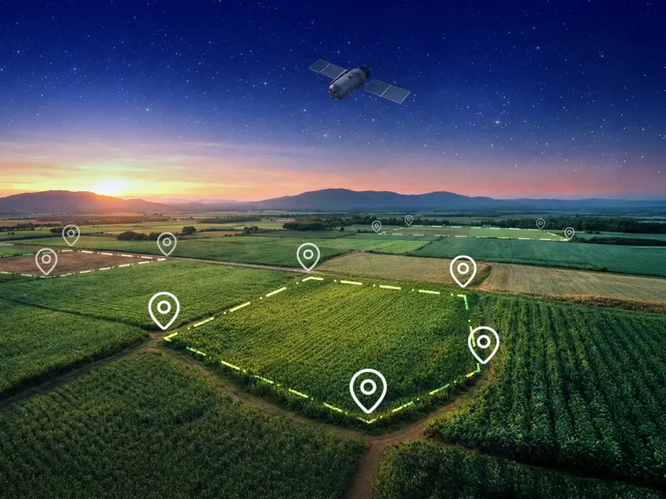Piano Colturale Grafico e QdC® - Quaderno di Campagna®: l’importanza dell’aggiornamento continuo. Campo agricolo al tramonto con punti di geolocalizzazione sparsi