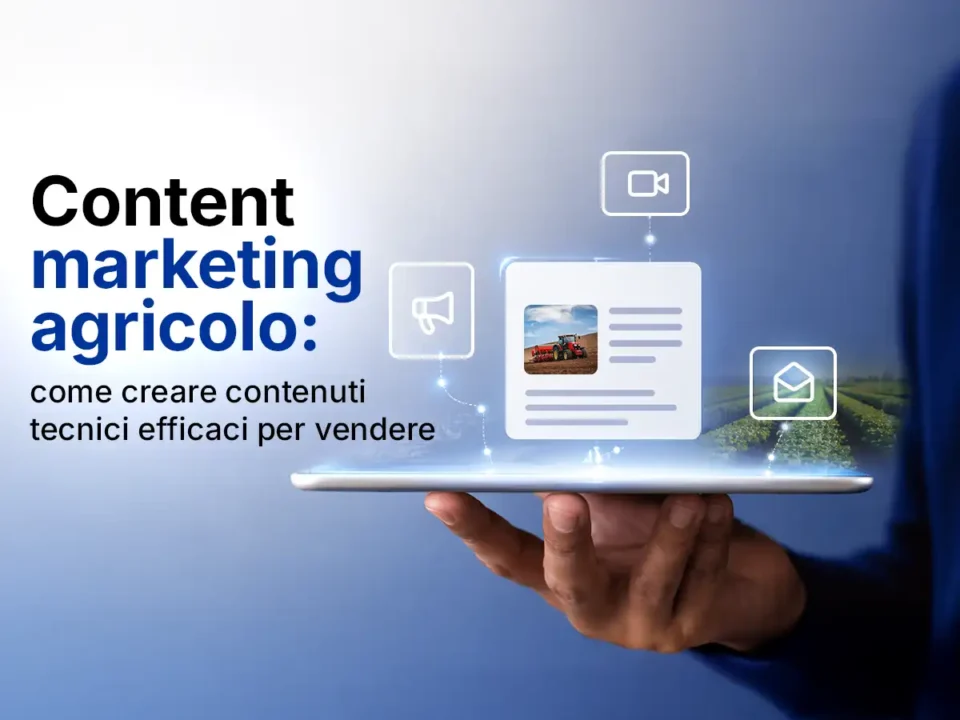 Content marketing agricolo come creare contenuti tecnici efficaci per vendere. Sfondo agricolo con persona che tiene in mano un tablet con icone relative alle attività di content marketing, ad esempio contenuti e articoli tecnici, video e DEM.