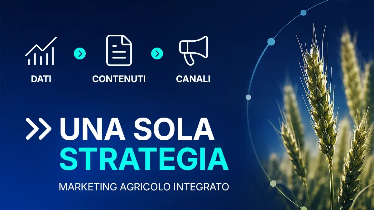 Marketing agricolo integrato: dati, contenuti, canali. Una sola strategia. Immagine con sfondo blu e spighe di grano posizionate sulla parte destra dell'immagine. Al centro le icone di dati, contenuti e canali e la frase UNA SOLA STRATEGIA.