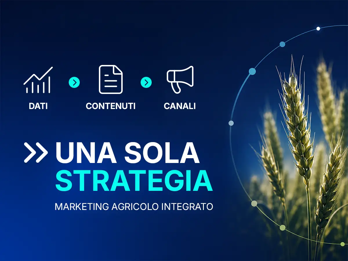 Marketing agricolo integrato: dati, contenuti, canali. Una sola strategia. Immagine con sfondo blu e spighe di grano posizionate sulla parte destra dell'immagine. Al centro le icone di dati, contenuti e canali e la frase UNA SOLA STRATEGIA.