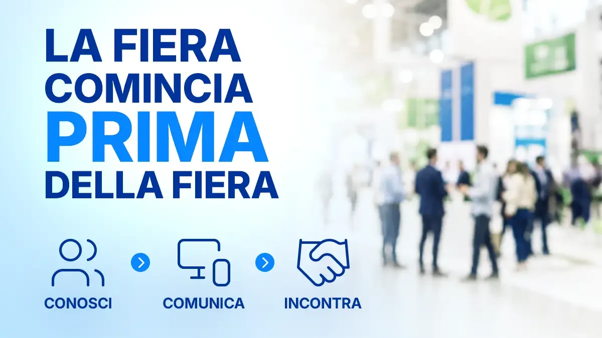 Comunicazione fiere agricole ed eventi: la comunicazione comincia prima. Immagine con sfondo sfumato che ricorda una fiera di settore con stand e persone.